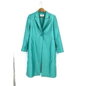 Le Suit Womens Size 10 Trench Coat One Button Long Turquoise Satin